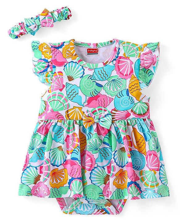 Babyhug 100% Cotton Frill Sleeves Onesie with Headband Sea Shells Print - Multicolour