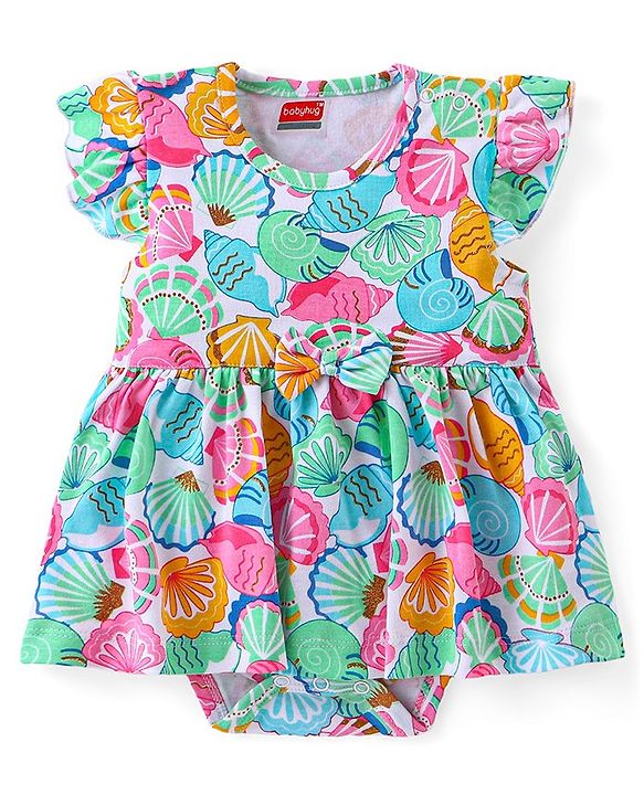 Babyhug 100% Cotton Frill Sleeves Onesie with Headband Sea Shells Print - Multicolour
