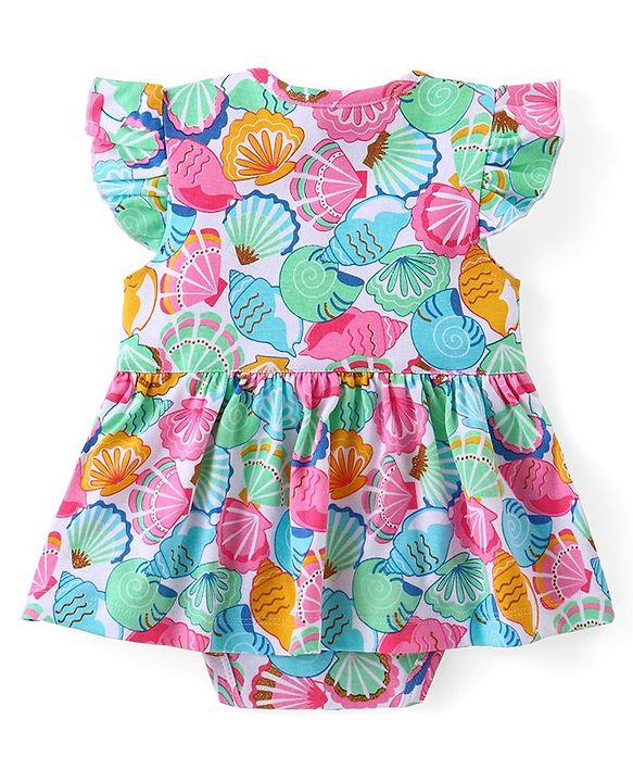Babyhug 100% Cotton Frill Sleeves Onesie with Headband Sea Shells Print - Multicolour