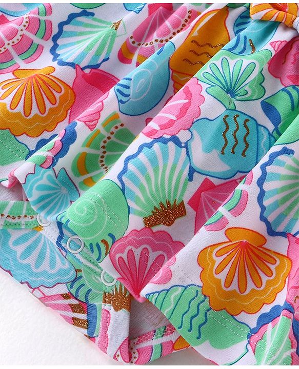 Babyhug 100% Cotton Frill Sleeves Onesie with Headband Sea Shells Print - Multicolour