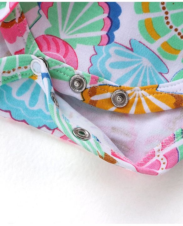 Babyhug 100% Cotton Frill Sleeves Onesie with Headband Sea Shells Print - Multicolour