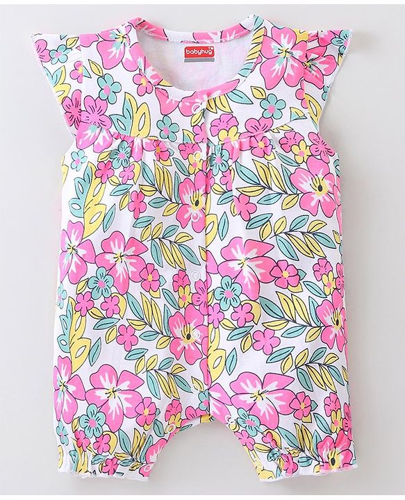 Babyhug 100% Cotton Knit Cap Sleeves Romper Floral Print - Multicolor
