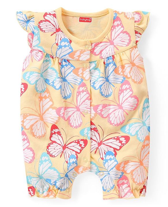 Babyhug 100% Cotton Knit Cap Sleeves Romper Butterfly Print - Yellow