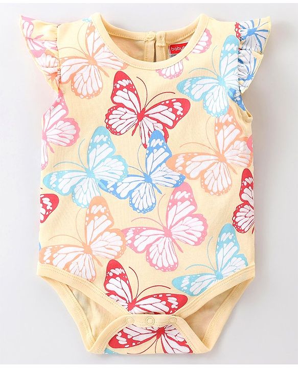 Babyhug 100% Cotton Knit Frill Sleeves Butterfly Printed Onesie - Yellow