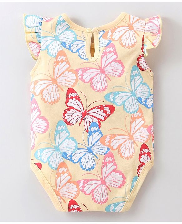 Babyhug 100% Cotton Knit Frill Sleeves Butterfly Printed Onesie - Yellow