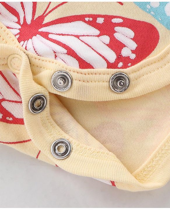 Babyhug 100% Cotton Knit Frill Sleeves Butterfly Printed Onesie - Yellow