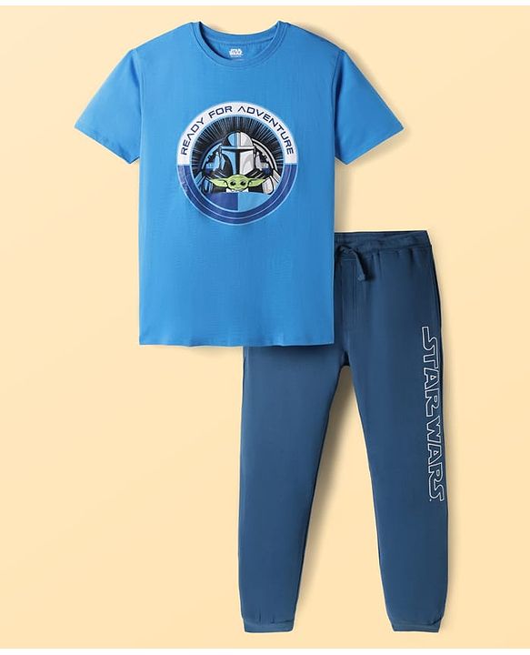 Pine Kids Lucas Single Jersey Knit Half Sleeves Night Suit With Text Print - Blue