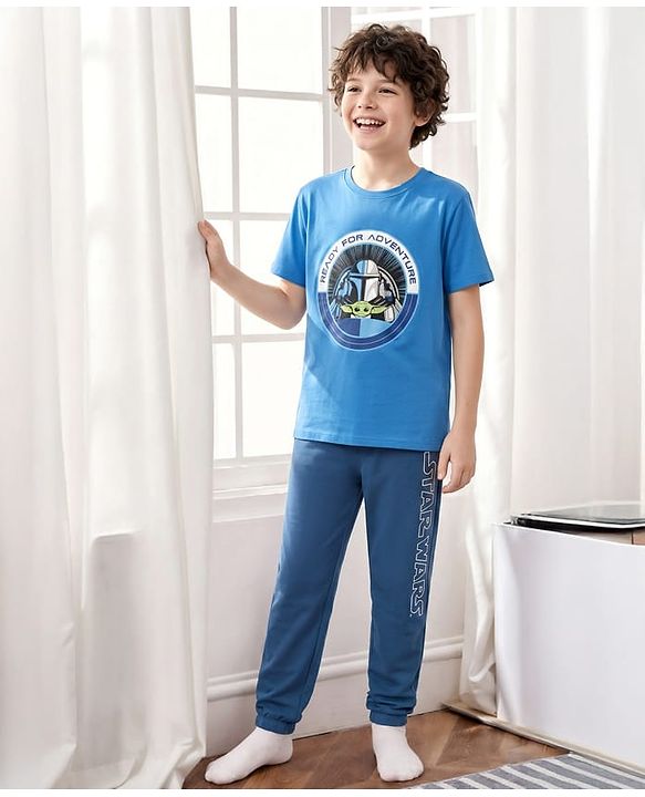 Pine Kids Lucas Single Jersey Knit Half Sleeves Night Suit With Text Print - Blue