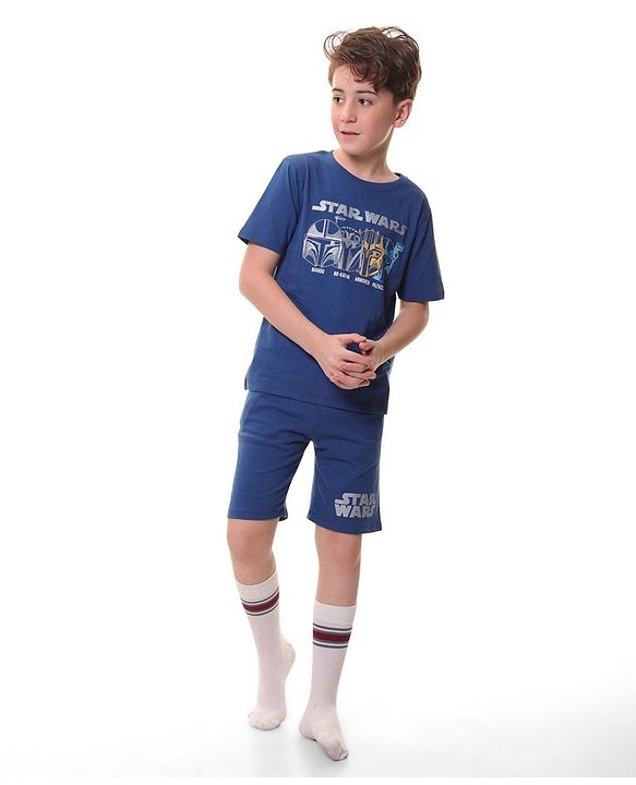 Pine Kids Lucas Cotton Half Sleeves Night Suit With Star Wars Print - Blue