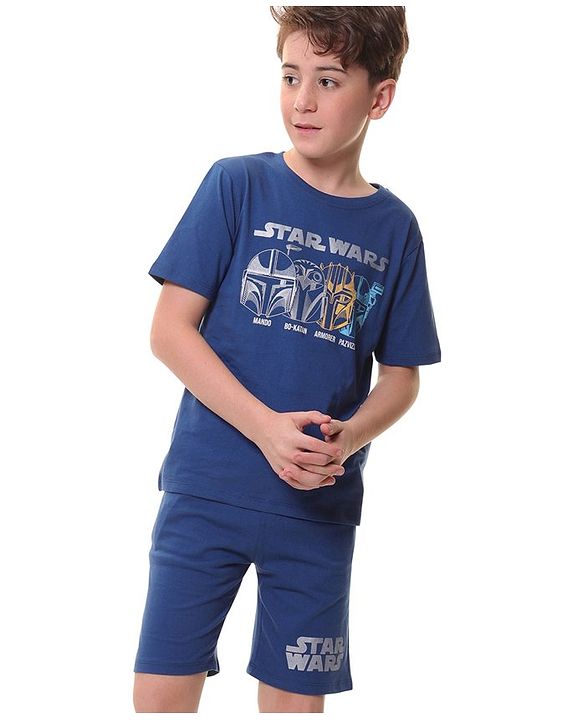 Pine Kids Lucas Cotton Half Sleeves Night Suit With Star Wars Print - Blue