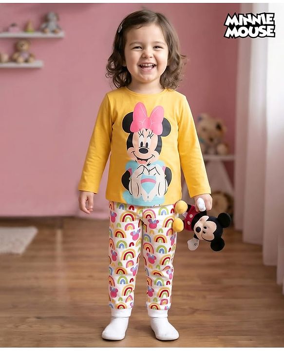 Babyhug Disney Single Jersey Knit Full Sleeves Night Suit with Minnie Mouse Graphics - White & Yellow