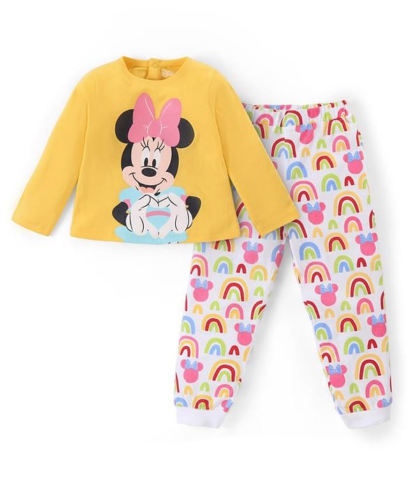 Babyhug Disney Single Jersey Knit Full Sleeves Night Suit with Minnie Mouse Graphics - White & Yellow
