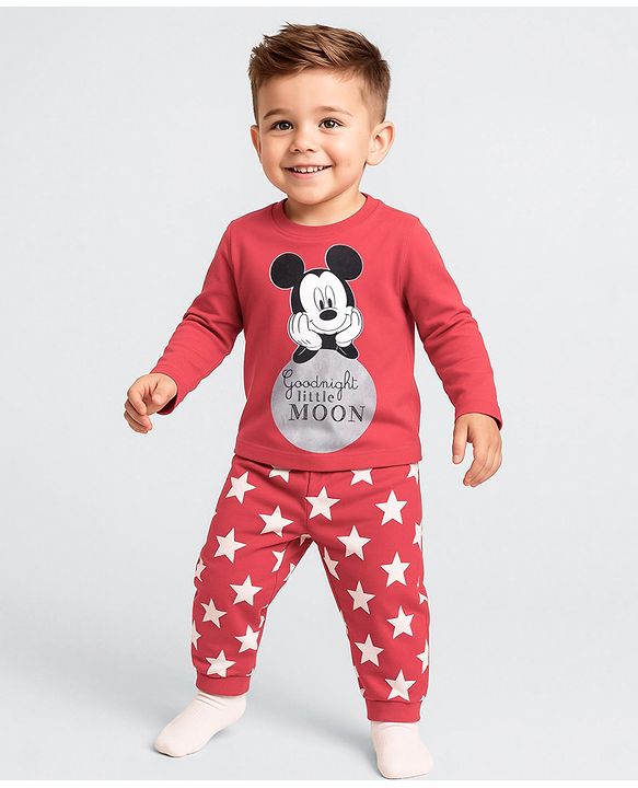 Babyhug Disney Cotton Knit Full Sleeves Night Suit With Mickey Mouse Print - Red
