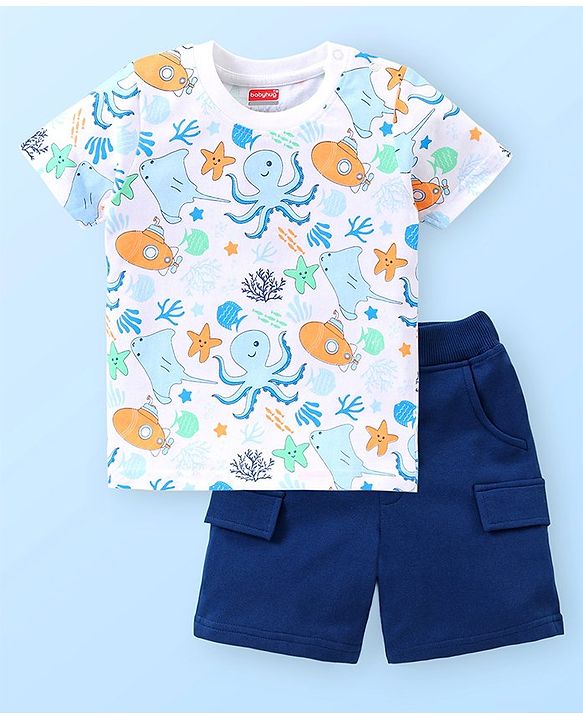 Babyhug Single Jersey Half Sleeves T-Shirt and Shorts Set Octopus Print - White & Blue