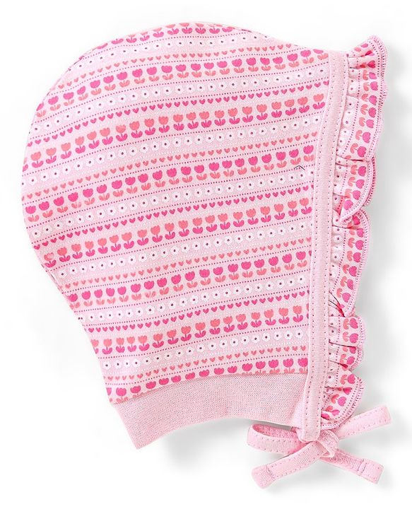 Babyhug 100% Cotton Bonnet Bonnet Caps Cats & Floral Print Pack of 2 - Multicolour