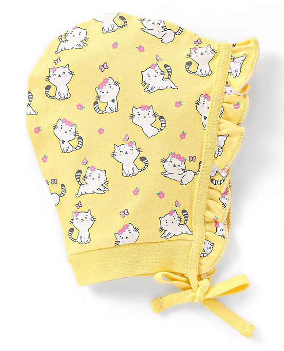Babyhug 100% Cotton Bonnet Bonnet Caps Cats & Floral Print Pack of 2 - Multicolour
