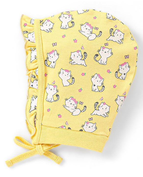 Babyhug 100% Cotton Bonnet Bonnet Caps Cats & Floral Print Pack of 2 - Multicolour