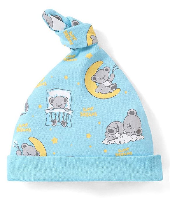 Babyhug 100% Cotton Cap With Bear Print Pack of 2 - Blue & Yellow