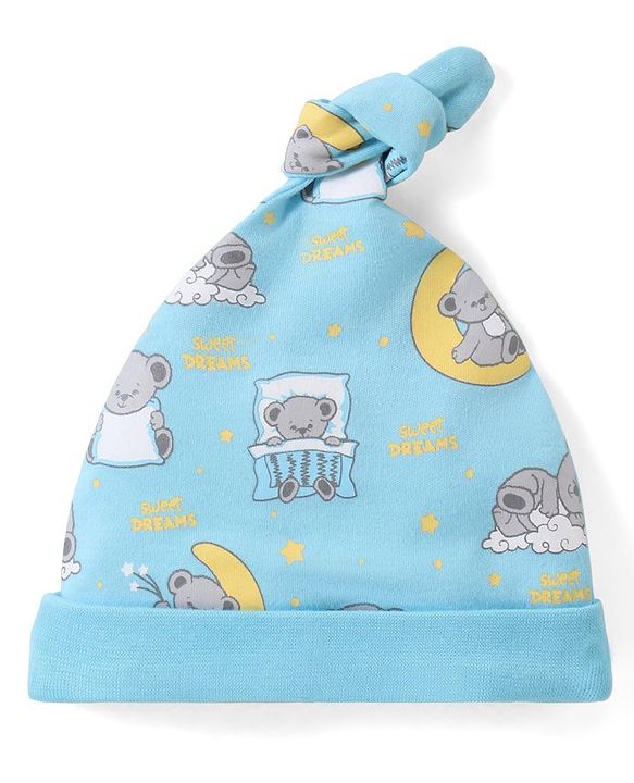 Babyhug 100% Cotton Cap With Bear Print Pack of 2 - Blue & Yellow