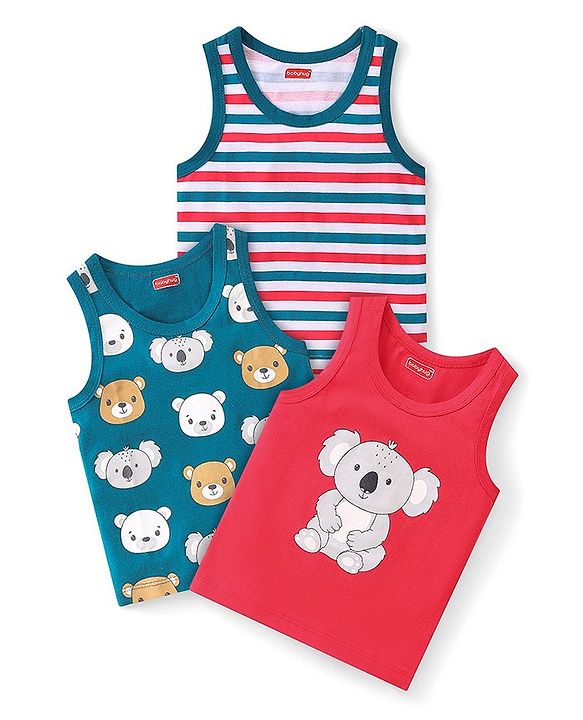 Babyhug 100% Cotton Sleeveless Sando Teddy & Koala Bear Print Pack of 3 - Multicolour