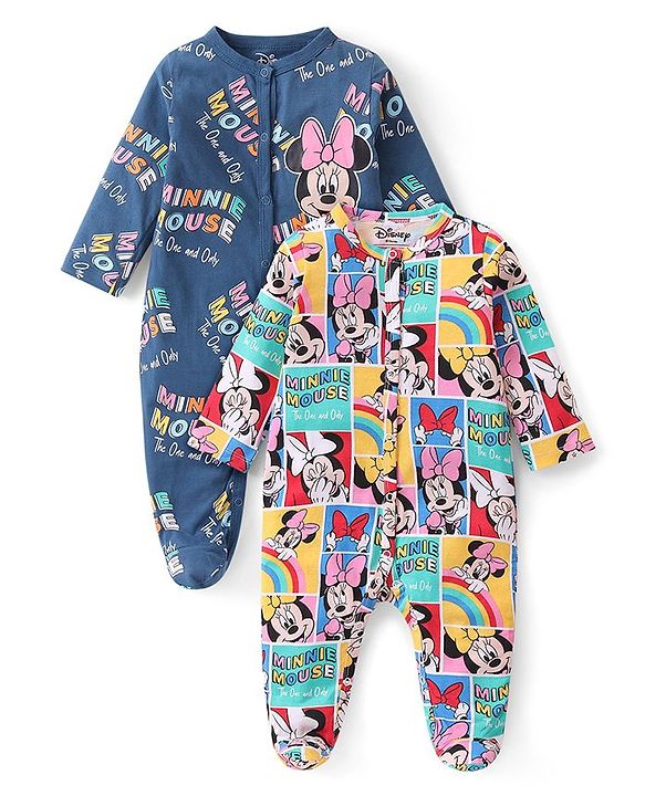 Babyhug Disney Interlock Knit Full Sleeves Sleep Suits With Minnie Mouse Graphics Pack of 2 - Multicolour