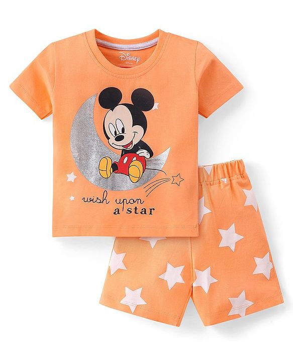 Babyhug Disney Cotton Knit Half Sleeves Night Suit With Mickey Mouse Print - Orange