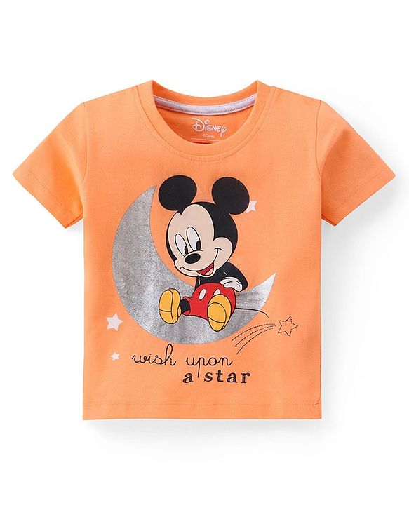 Babyhug Disney Cotton Knit Half Sleeves Night Suit With Mickey Mouse Print - Orange