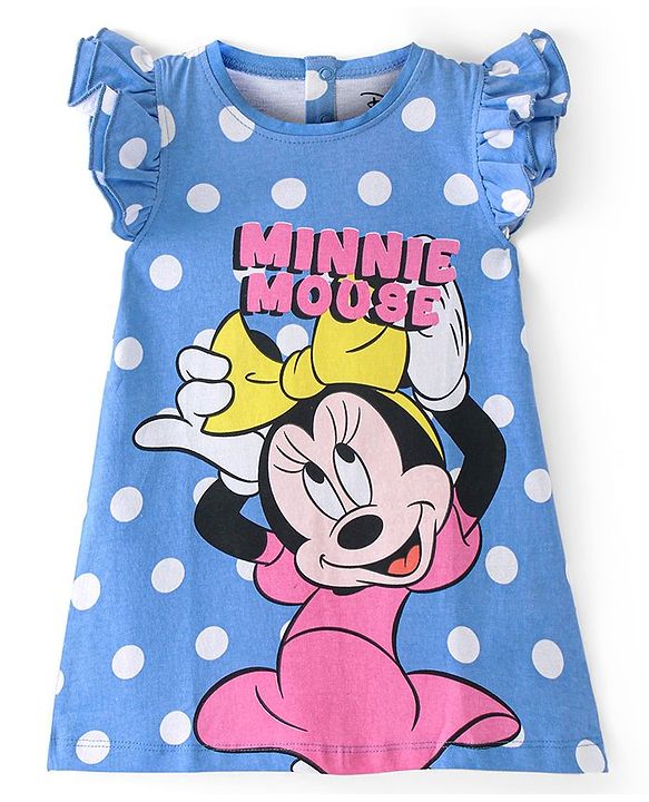 Babyhug Disney Cotton Knit Frill Sleeves Nighty With Minnie Mouse Graphics - Multicolor