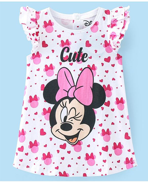 Babyhug Disney Cotton Knit Frill Sleeves Nighty With Minnie Mouse Graphics - White