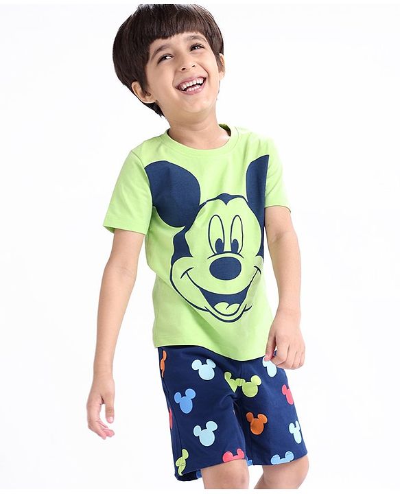 Babyhug Disney Single Jersey Knit Half Sleeves T-Shirt And Shorts Set with Mickey Mouse Graphics - Blue & Green