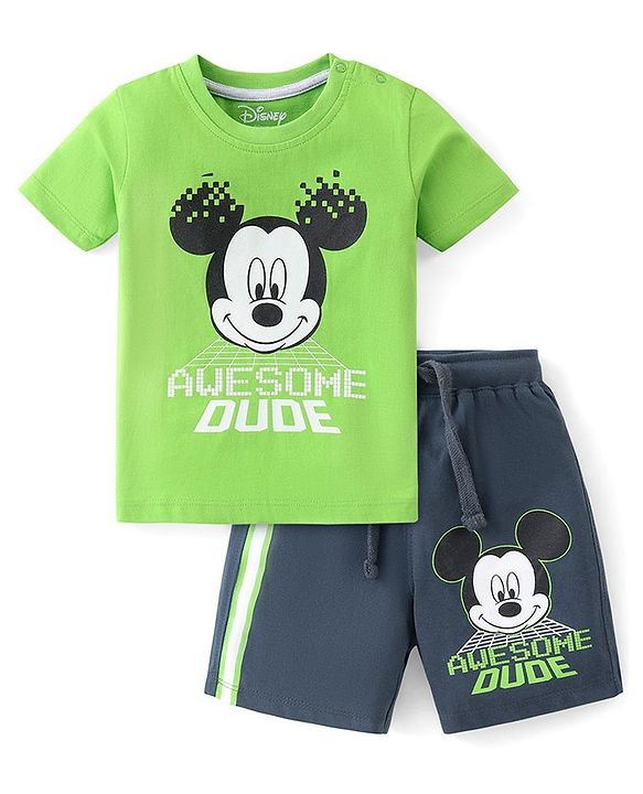 Babyhug Disney Cotton Knit Half Sleeves T-Shirt & Shorts Set With Mickey Mouse Print - Green & Blue