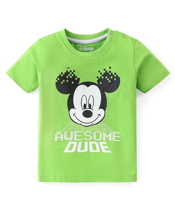Babyhug Disney Cotton Knit Half Sleeves T-Shirt & Shorts Set With Mickey Mouse Print - Green & Blue