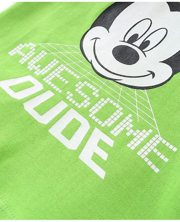 Babyhug Disney Cotton Knit Half Sleeves T-Shirt & Shorts Set With Mickey Mouse Print - Green & Blue