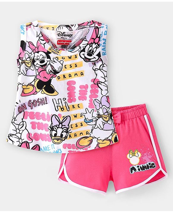 Babyhug Disney Cotton Knit Sleeveless Top & Shorts Set With Minnie Mouse Graphics & Knot Detailing - Multicolor