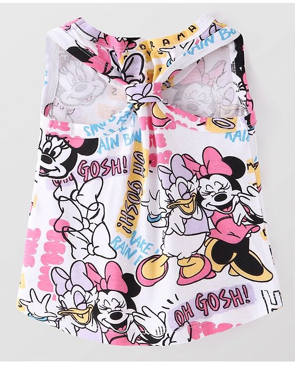 Babyhug Disney Cotton Knit Sleeveless Top & Shorts Set With Minnie Mouse Graphics & Knot Detailing - Multicolor