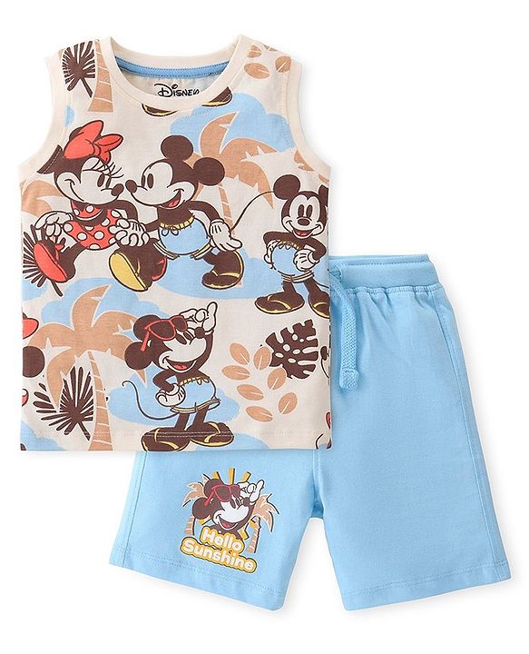 Babyhug Disney Cotton Knit Sleeveless T-Shirt & Shorts Set With Mickey & Minnie Mouse Print - Multicolor