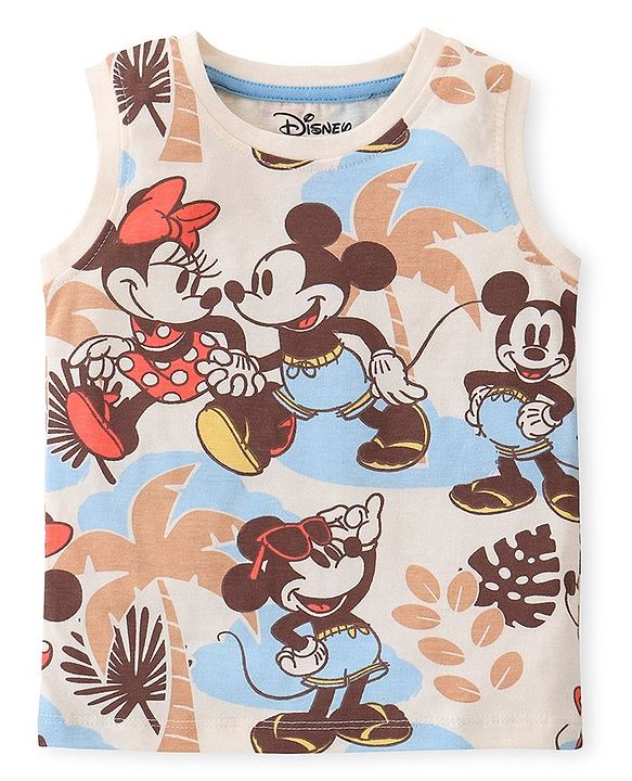 Babyhug Disney Cotton Knit Sleeveless T-Shirt & Shorts Set With Mickey & Minnie Mouse Print - Multicolor