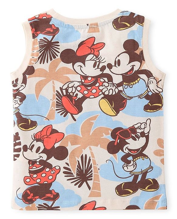 Babyhug Disney Cotton Knit Sleeveless T-Shirt & Shorts Set With Mickey & Minnie Mouse Print - Multicolor