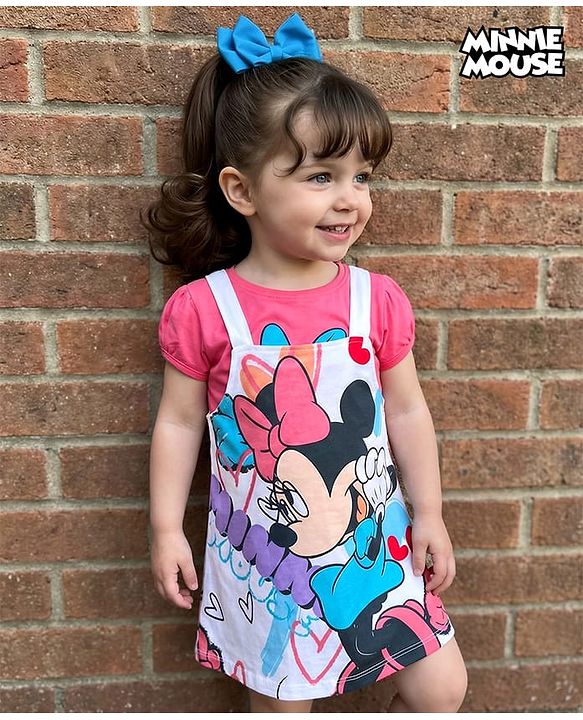Babyhug Disney Single Jersey Knit  Frock With Half Sleeves Inner Tee & Minnie Mouse Graphics - Multicolor