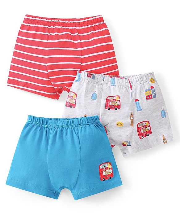 Babyhug 100% Cotton Above Knee Length Trunk Stripes & Vehicle Print Pack of 3 - Multicolour