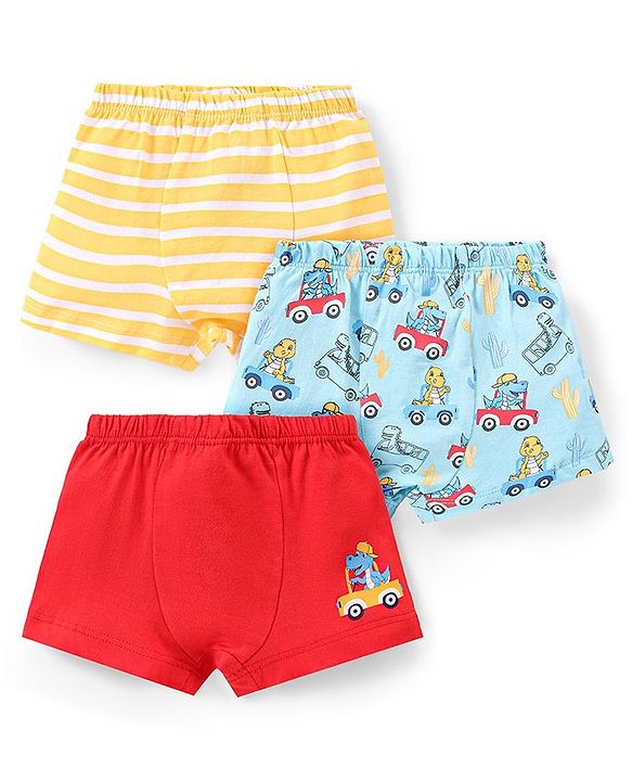 Babyhug 100% Cotton Knit Briefs with Striped & Car Print Pack of 3 - Multicolour