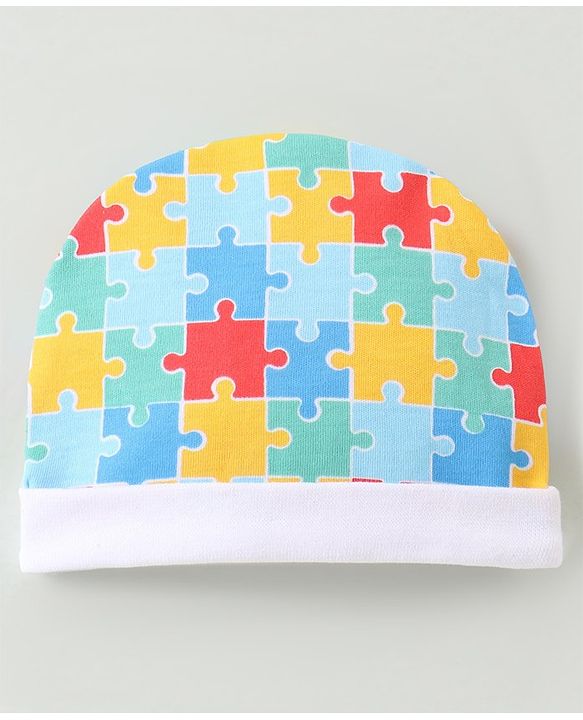 Babyhug 100% Cotton Cap Mittens & Booties Set Puzzle Print - Multicolour