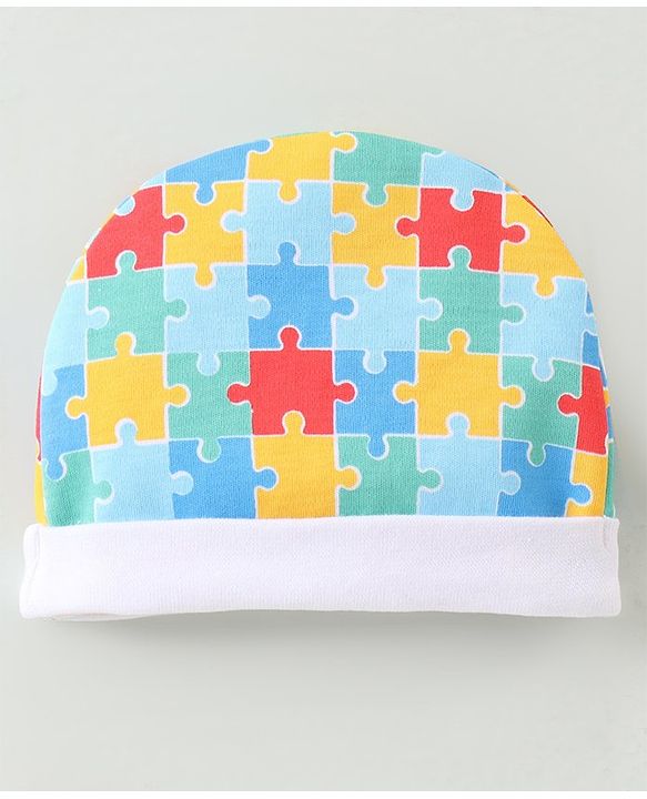 Babyhug 100% Cotton Cap Mittens & Booties Set Puzzle Print - Multicolour