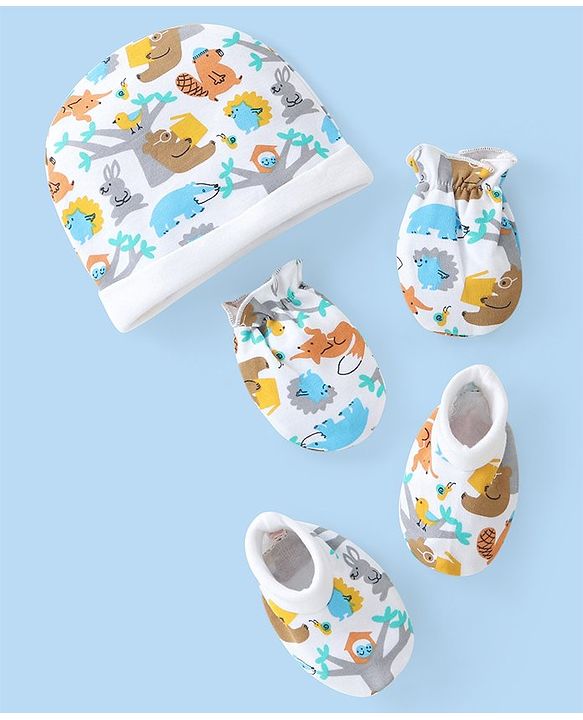 Babyhug Interlock Cotton Knit Cap Mittens And Booties Animal Design - White