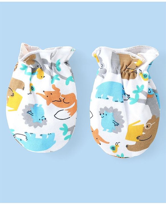 Babyhug Interlock Cotton Knit Cap Mittens And Booties Animal Design - White
