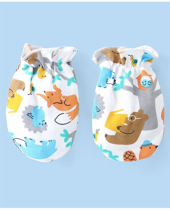 Babyhug Interlock Cotton Knit Cap Mittens And Booties Animal Design - White