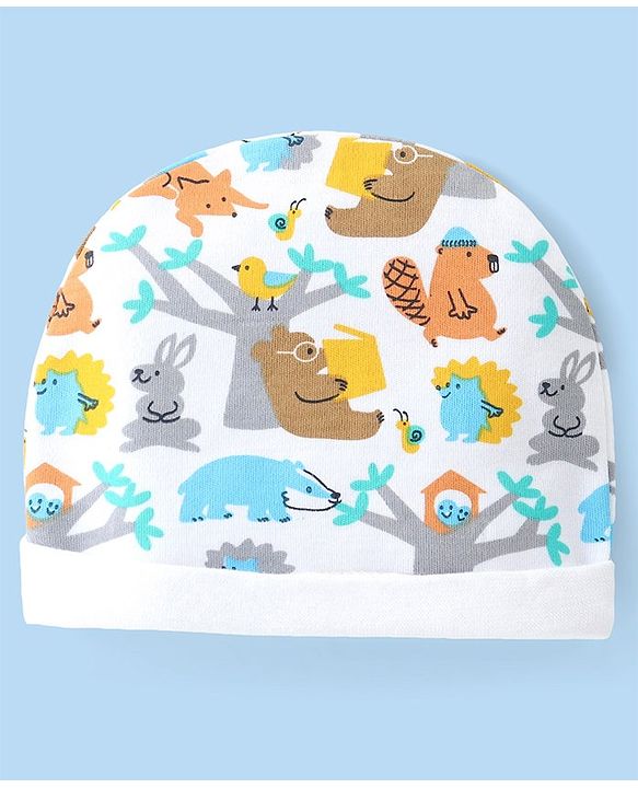 Babyhug Interlock Cotton Knit Cap Mittens And Booties Animal Design - White