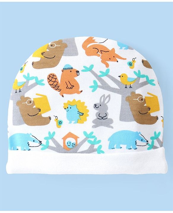 Babyhug Interlock Cotton Knit Cap Mittens And Booties Animal Design - White