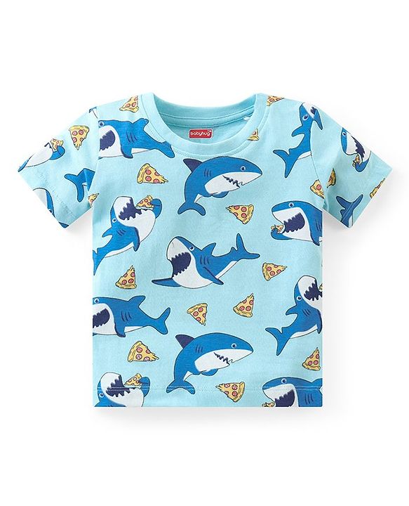 Babyhug Cotton Knit Half Sleeves Night Suit Shark Print - Blue