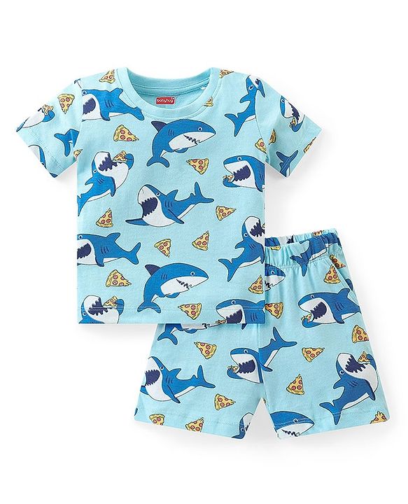 Babyhug Cotton Knit Half Sleeves Night Suit Shark Print - Blue